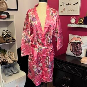Floral Satin Kimono Robe - Pink